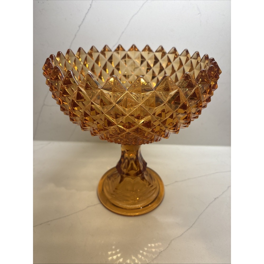 Westmoreland Diamond Point Sawtooth Amber Glass Large Compote Pedestal Bowl